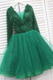 Green Long Sleeve Homecoming Dress, Tulle Short Prom Party Dress With Beading