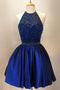 Halter Satin Short Homecoming Dress, Royal Blue Homecoming Dress with Beads