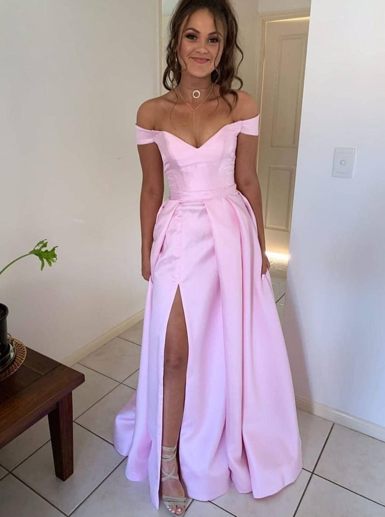 Pink Long Simple Prom Dresses, Off Shoulder Sleeveless Evening Dress With Split