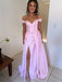 Pink Long Simple Prom Dresses, Off Shoulder Sleeveless Evening Dress With Split