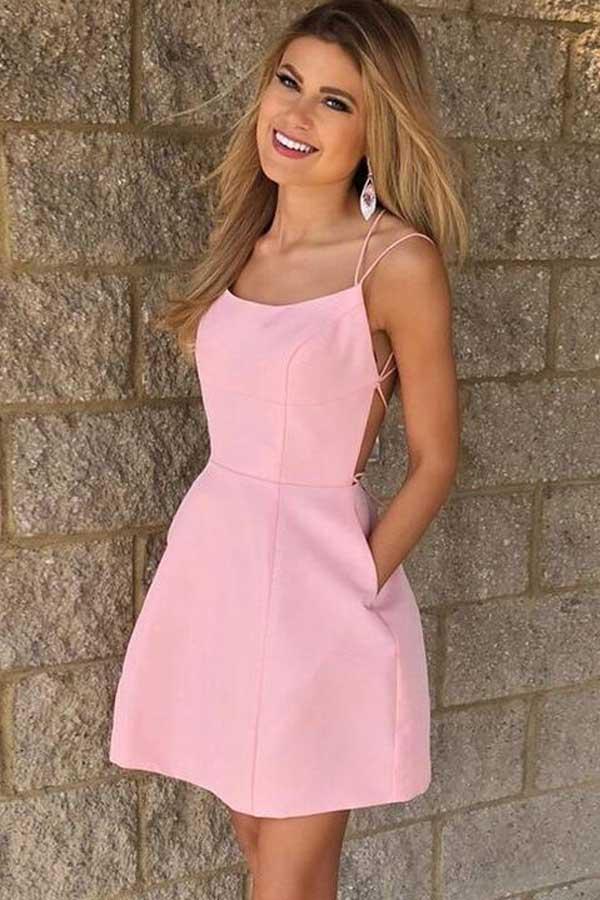 spaghetti straps short pink backless homecoming dress with pockets dth99