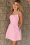 Spaghetti Straps Short Pink Backless Homecoming Dress with Pockets