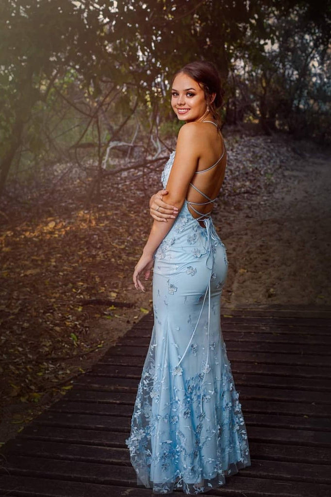 v-neck backless long evening gowns mermaid sky blue long prom dresses dtp920