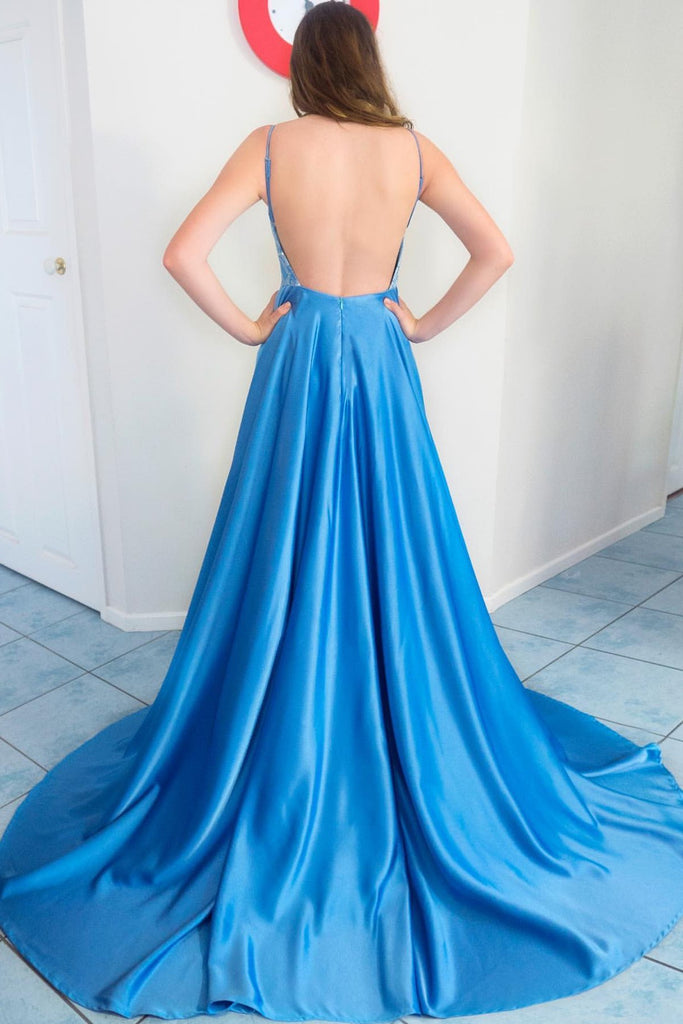 ice blue backless long prom dresses a-line appliqued formal evening dress dtp924