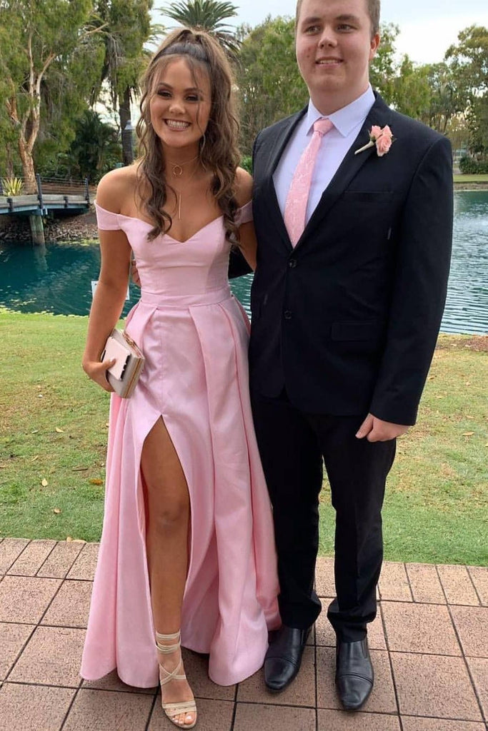 Simple pink off shoulder long prom dress, pink evening dress