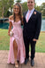 off shoulder sleeveless evening dress with split pink long simple prom dresses dtp923