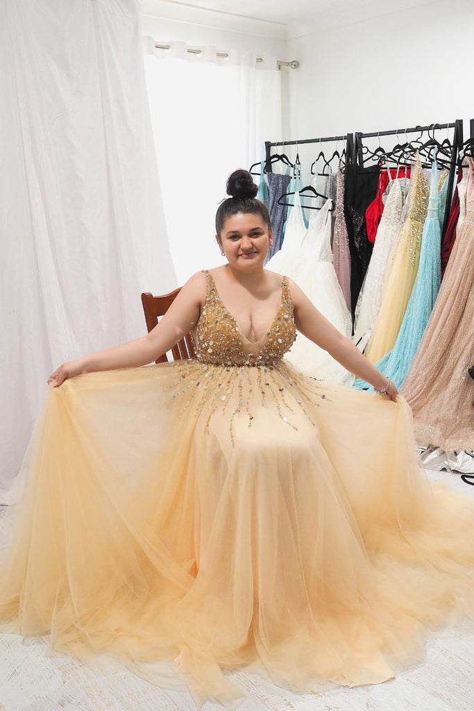 A-line V-neck Sequins Beaded Gold Plus Size Long Prom Dresses