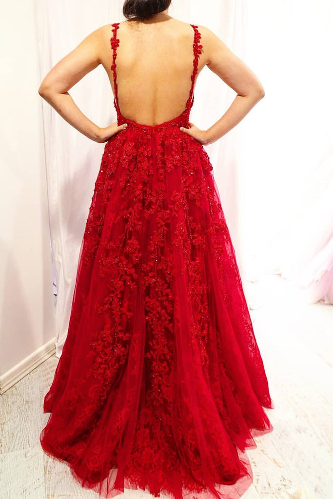 Backless Red Long Prom Dresses, V-neck Appliqued Sleeveless Evening Gowns