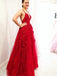 Backless Red Long Prom Dresses, V-neck Appliqued Sleeveless Evening Gowns