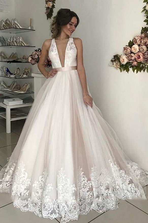 Deep V Neck Backless Wedding Dresses Lace Appliques Bridal Gown