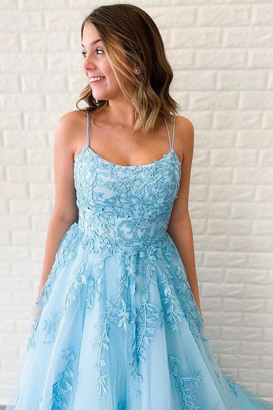 Spaghetti-straps Tulle Sky Blue Long Prom Dresses With Appliques