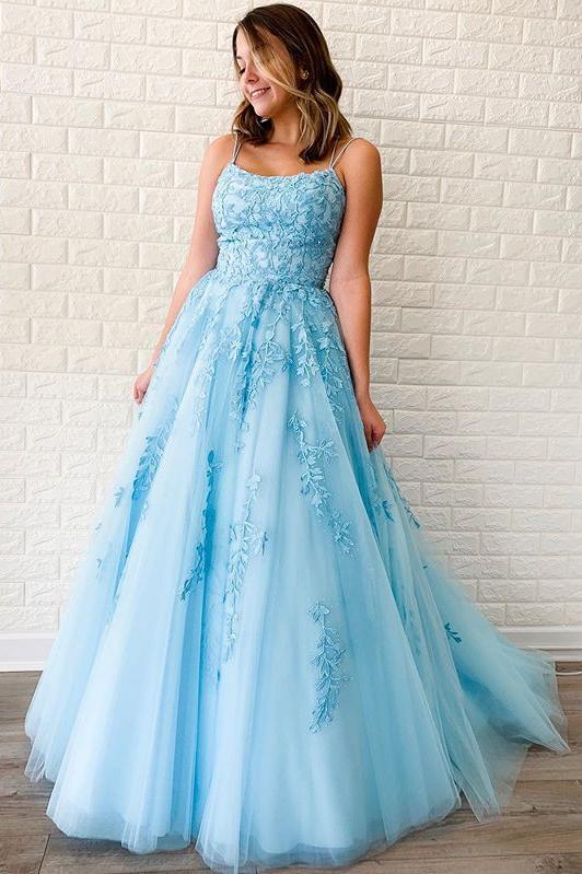 spaghetti-straps tulle sky blue long prom dresses with appliques dtp928