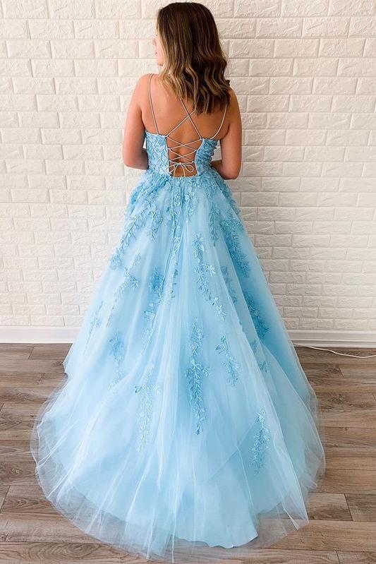 Spaghetti-straps Tulle Sky Blue Long Prom Dresses With Appliques