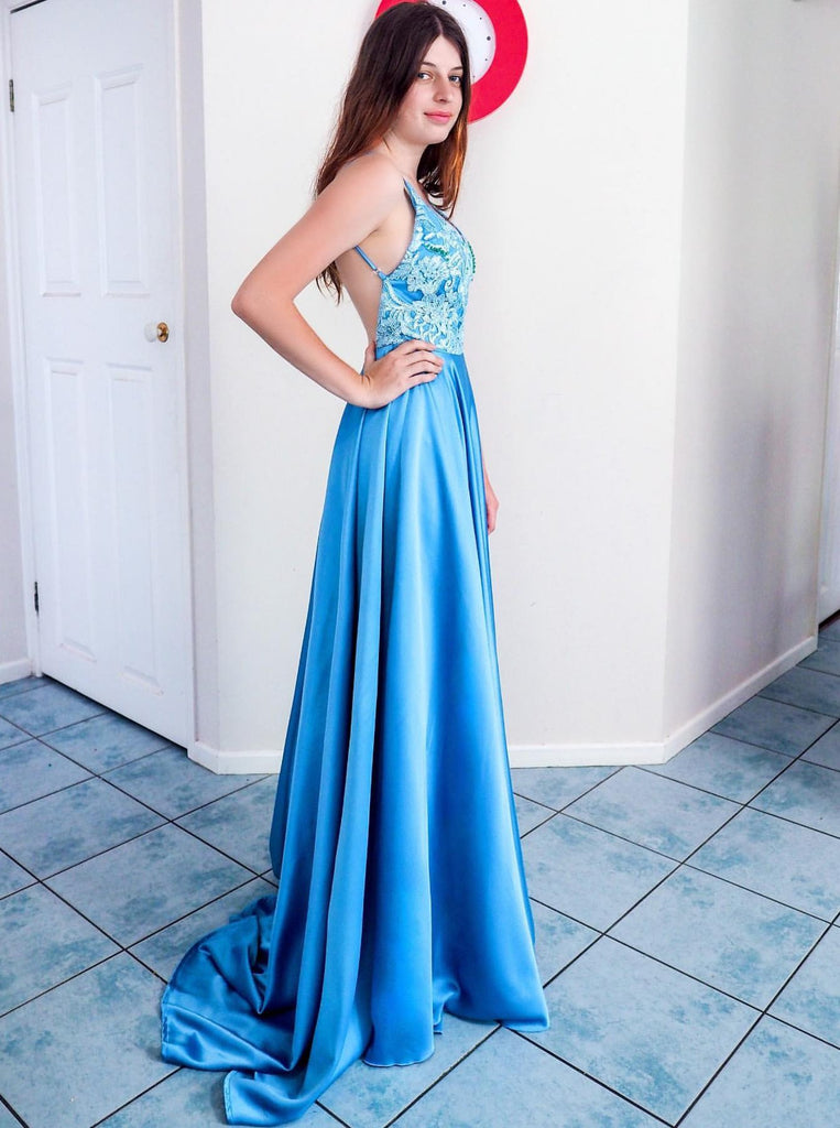 Ice Blue Backless Long Prom Dresses A-line Appliqued Formal Evening Dress