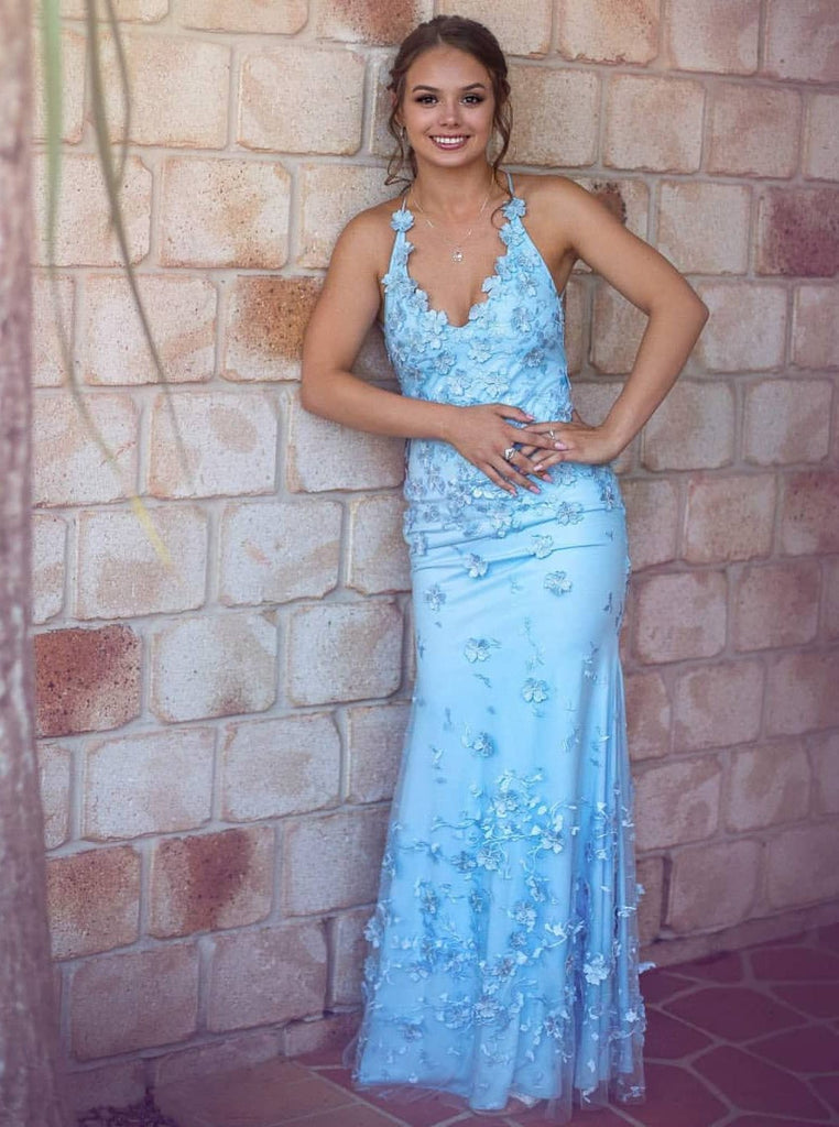 Mermaid Sky Blue Long Prom Dresses, V-neck Backless Long Evening Gowns