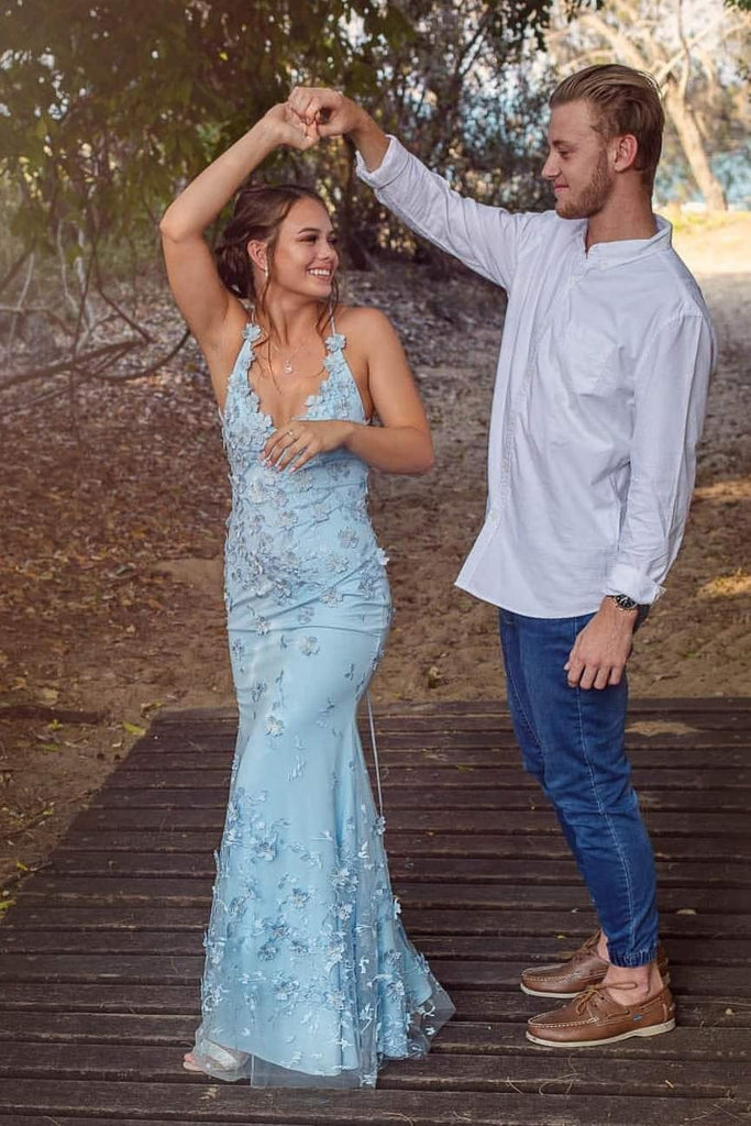 Mermaid Sky Blue Long Prom Dresses, V-neck Backless Long Evening Gowns