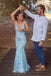 Mermaid Sky Blue Long Prom Dresses, V-neck Backless Long Evening Gowns