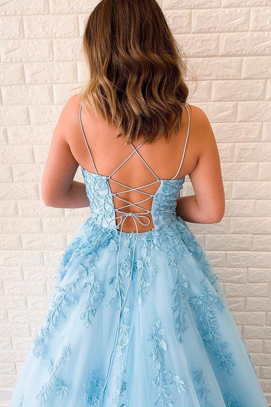 Spaghetti-straps Tulle Sky Blue Long Prom Dresses With Appliques