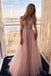 pink a-line plunging neckline tulle prom dress long formal gown dtp550