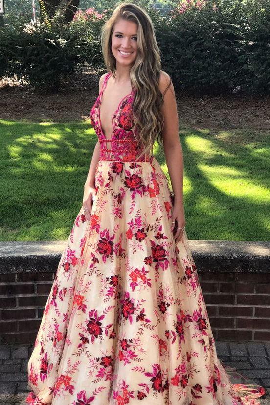 Deep V-Neck Long Backless Prom Dress With Beading Embroidery Floral