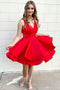 Layered Red Satin Simple Homecoming Dress, V Neck Red Short Prom Dress