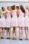 A-line Crew Pink Short Lace Bridesmaid Dresses with Belt