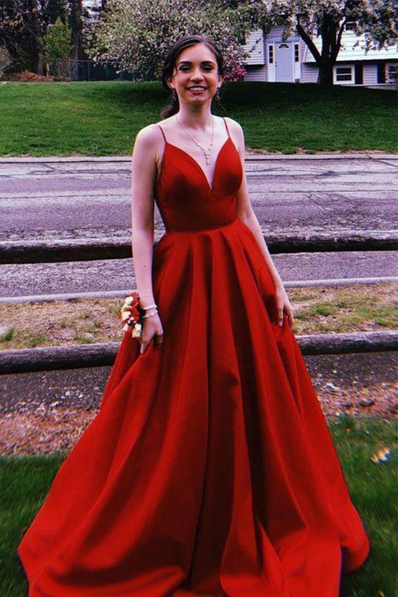 red evening satin formal dress spaghetti straps simple long prom dress dtp124