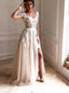 Sheer Long Sleeve Lace Appliques Tulle Wedding Dresses Beach With Split