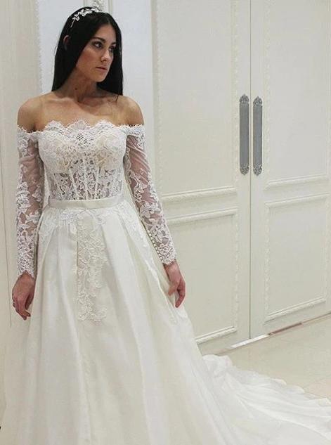 off the shoulder lace appliques long sleeve wedding dresses dtp424