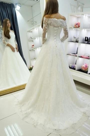 Off Shoulder Long Sleeve Wedding Dresses Lace Appliques Bridal Dresses