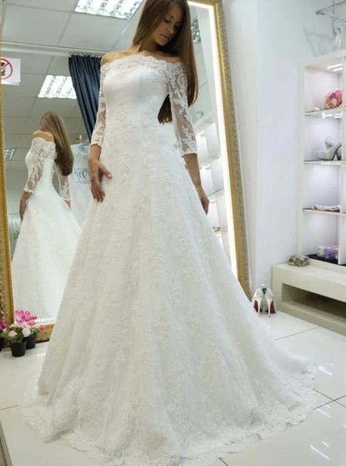 Off Shoulder Long Sleeve Wedding Dresses Lace Appliques Bridal Dresses