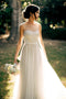 Simple Sheer Neckline Lace Applique Long Beach Wedding Dresses