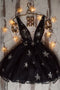 Sweet Black V-neck Tulle Short Prom Dress, Stars Homecoming Dress