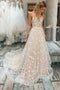 A-line V-neck Sleeveless Tulle Appliques Lace Wedding Dress With Train