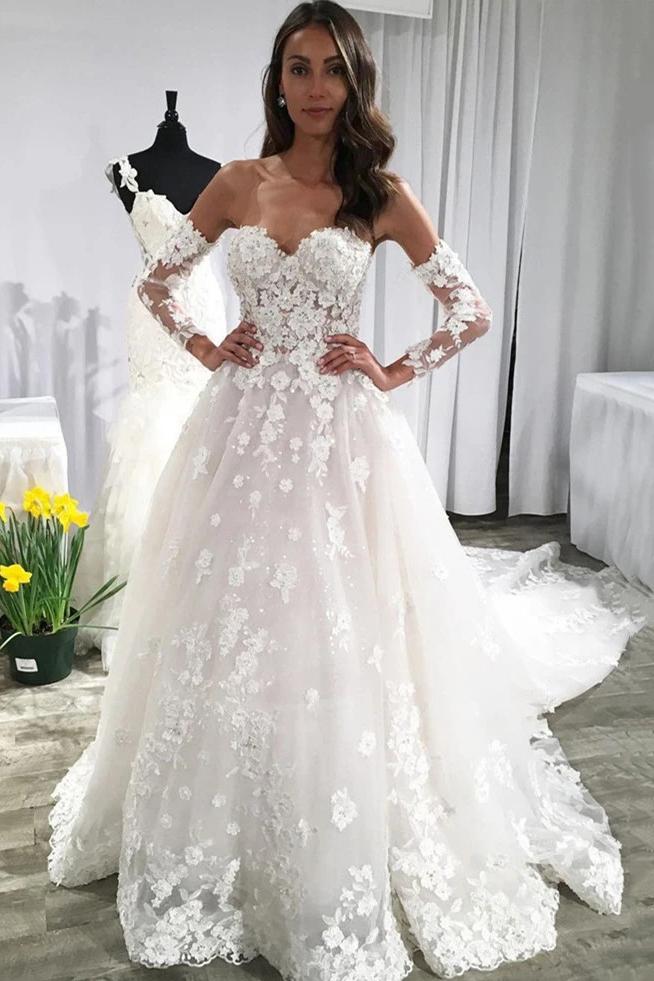 Sweetheart Lace Appliques Backless Wedding Dresses With Sleeves