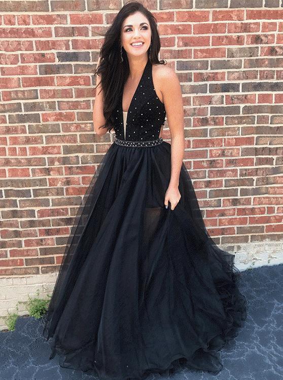 black plunging neckline tulle long prom dresses with beading dtp974