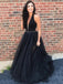 black plunging neckline tulle long prom dresses with beading dtp974