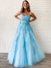 Spaghetti-straps Tulle Sky Blue Long Prom Dresses With Appliques