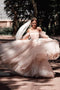 Fairy-tales Strapless Wedding Dresses 3D Flowers Puff Sleeves Bridal Gowns