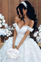 Off-Shoulder Tulle Appliques Wedding Dress With Detachable Train