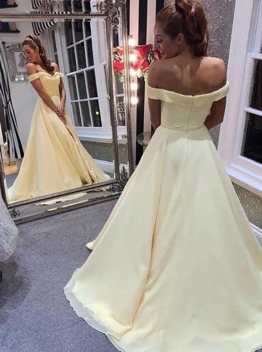 Elegant Off Shoulder A-Line Yellow Long Simple Prom Dress