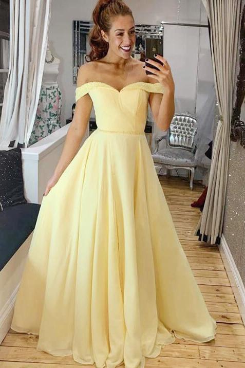 elegant off shoulder a-line yellow long simple prom dress dtp1070