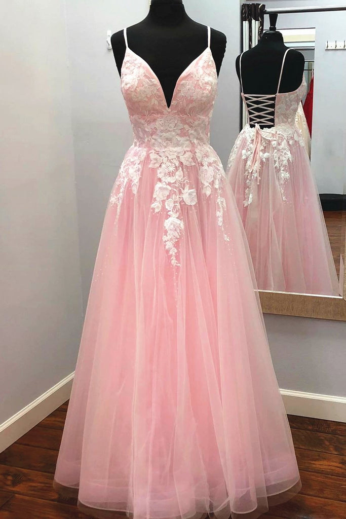 Elegant A-line V Neck Tulle Long Prom Dress with Appliques