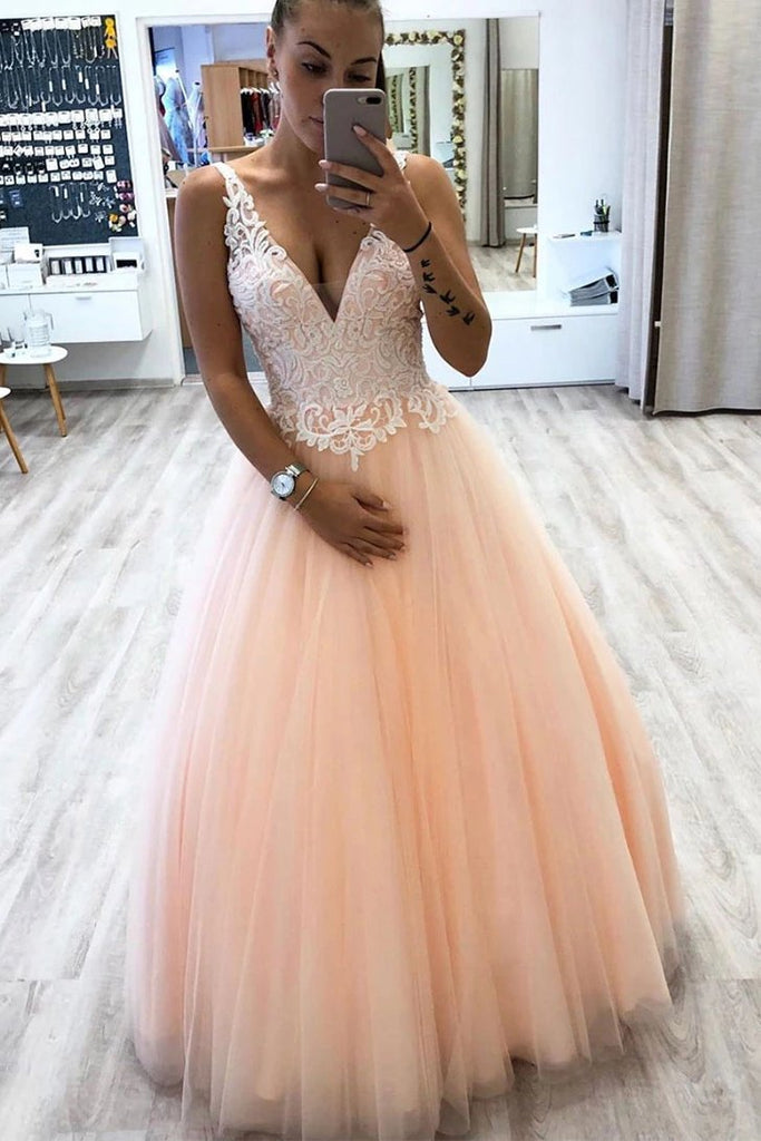 a-line v neck tulle floor length prom dress with lace appliques dtp850