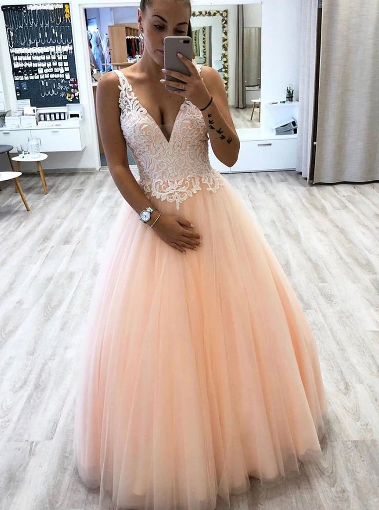 A-line V Neck Tulle Floor Length Prom Dress With Lace Appliques