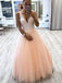 A-line V Neck Tulle Floor Length Prom Dress With Lace Appliques