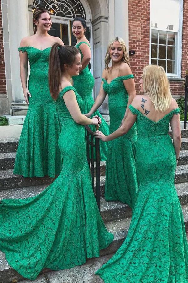 off-the-shoulder mermaid green lace bridesmaid dresses dtb171