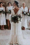 V Neck Lace Beach Wedding Dresses, Long Sleeve Backless Bridal Dresses