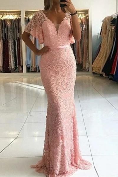 Mermaid V Neck Short Sleeve Beaded Lace Long Prom Dresses