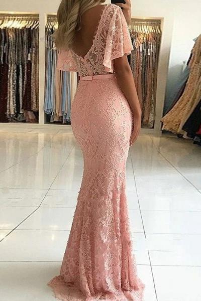 Mermaid V Neck Short Sleeve Beaded Lace Long Prom Dresses dtp1088